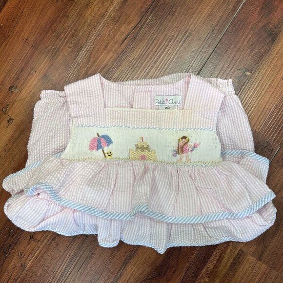 Petit Ami Baby Girls 9M Pink Seersucker Romper Bubble Smocked Beach  Ruffles - Picture 7 of 10